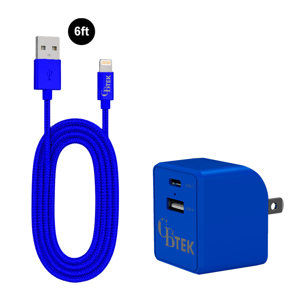 CBTEK MFI Lightning to USB-A & Dual Type-C & USB-A Wall Charger-Blue