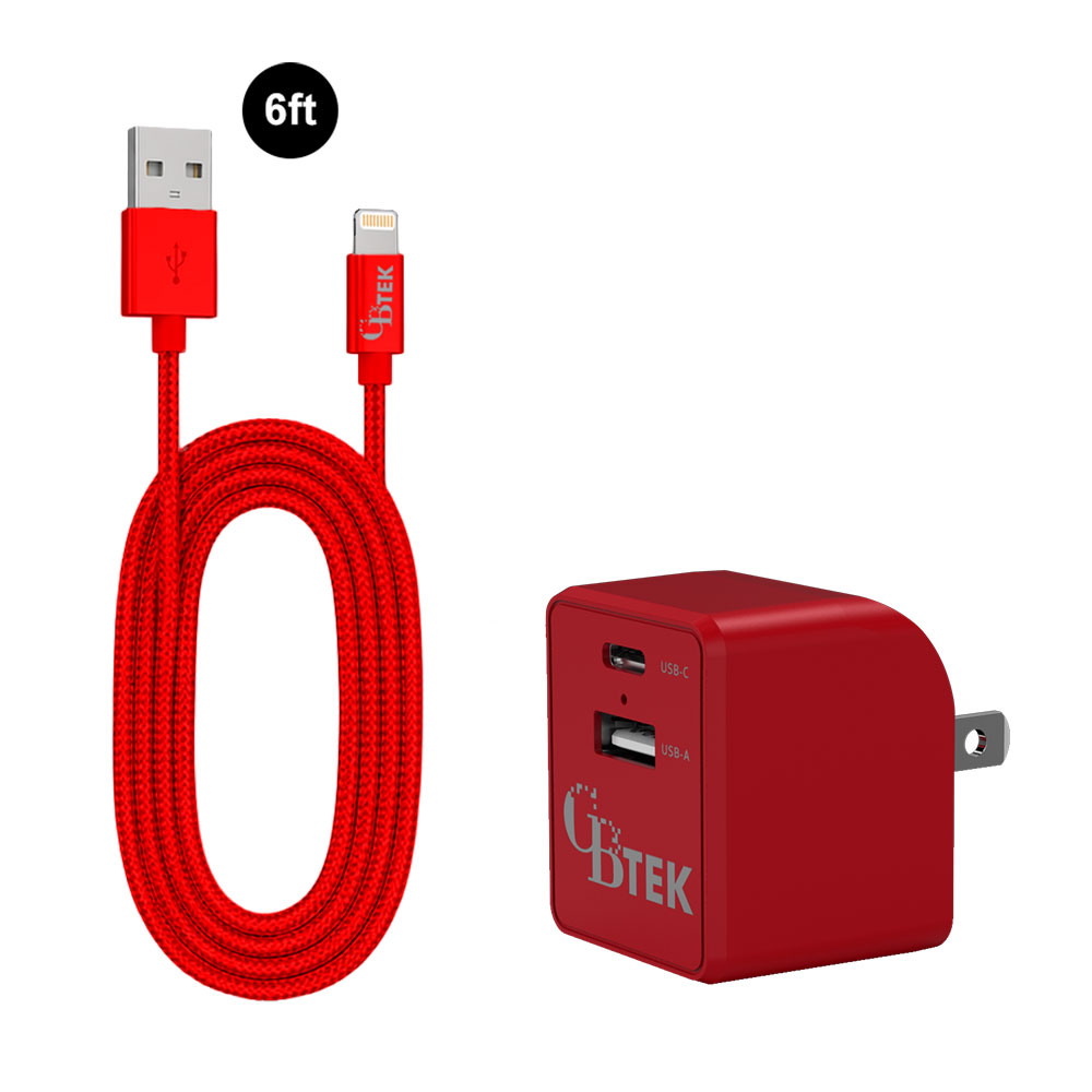 CBTEK MFI Lightning to USB-A & Dual Type-C & USB-A Wall Charger-Red
