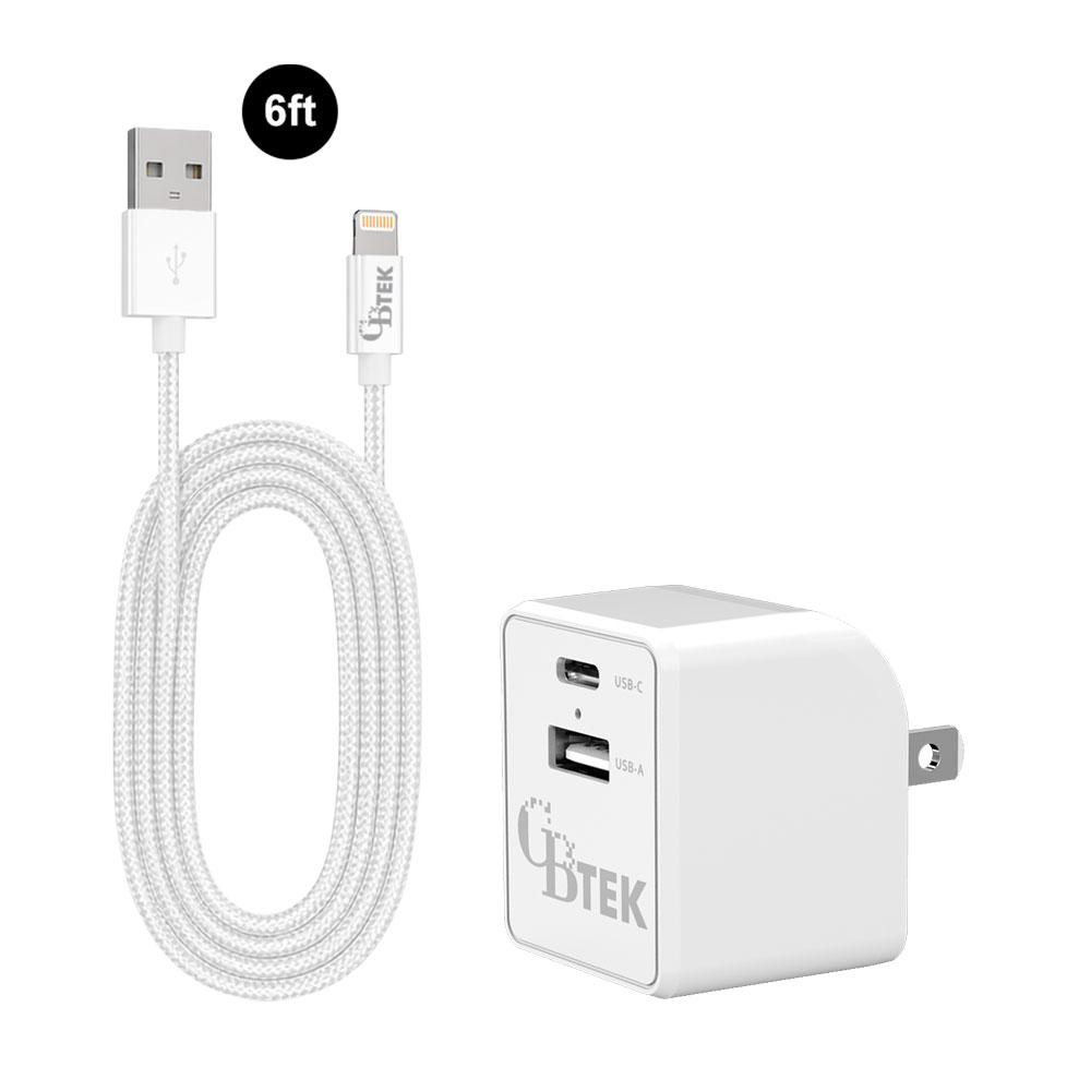 CBTEK MFI Lightning to USB-A & Dual Type-C & USB-A Wall Charger-White