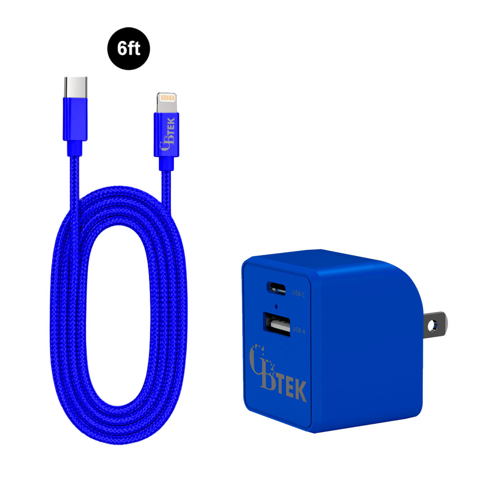 CBTEK MFI Lightning to Type-C & Dual Type-C & USB-A Wall Charger-Blue