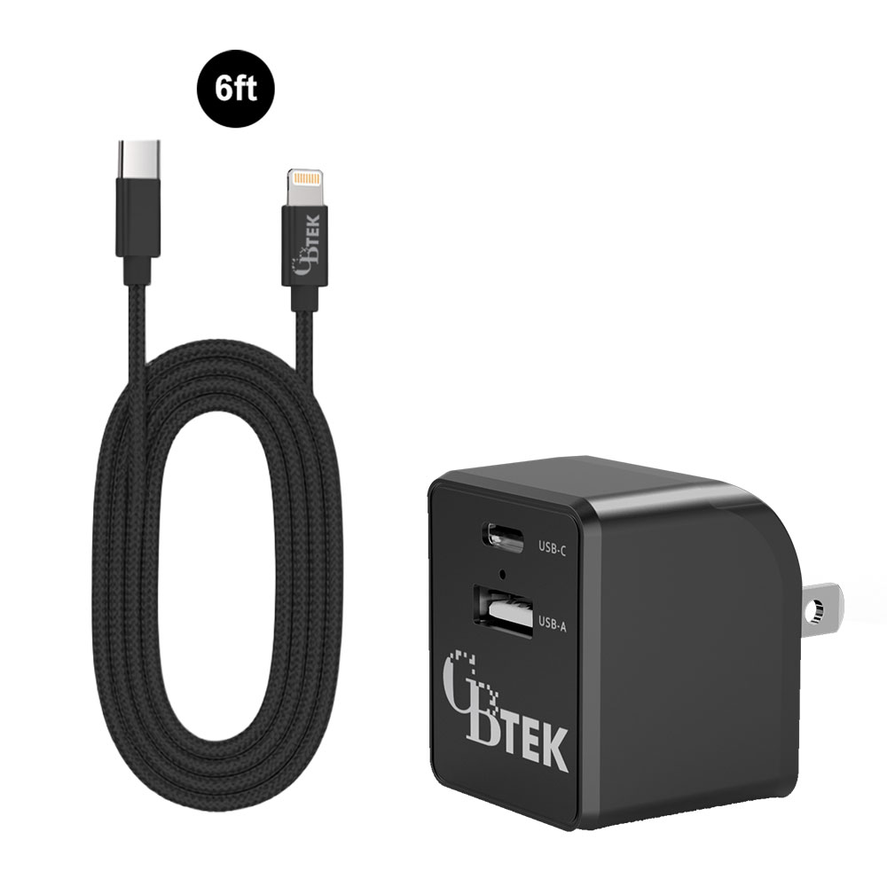 CBTEK MFI Lightning to Type-C & Dual Type-C & USB-A Wall Charger-Black