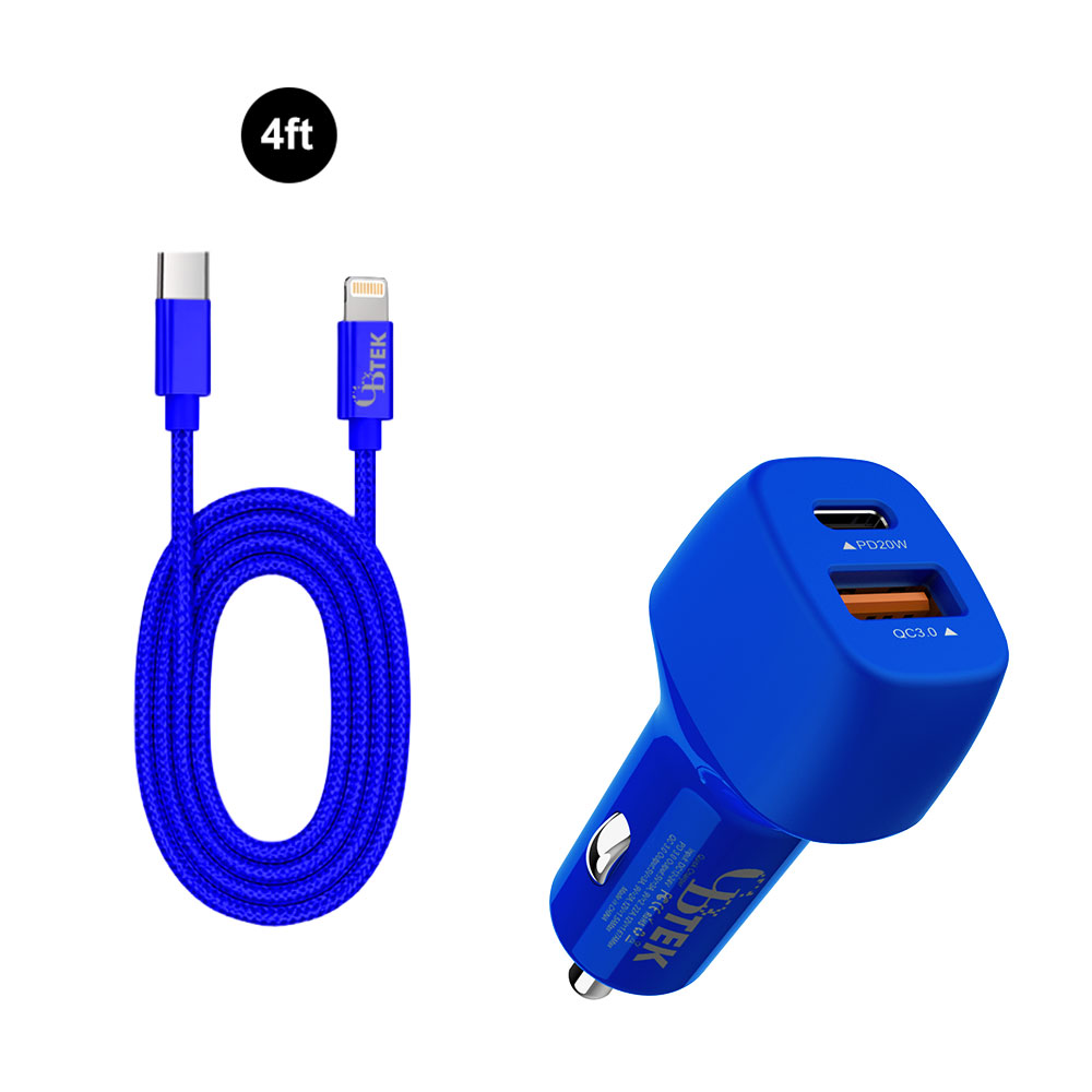 CBTEK MFI Lightning to Type-C & Dual Type-C & USB-A Car Charger-Blue
