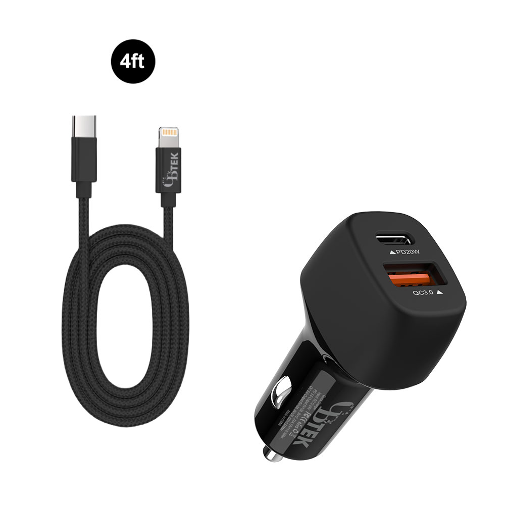 CBTEK MFI Lightning to Type-C & Dual Type-C & USB-A Car Charger-Black