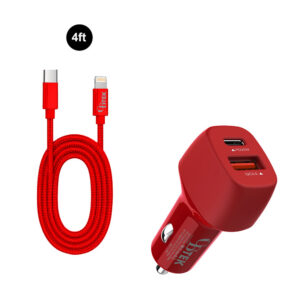CBTEK MFI Lightning to Type-C & Dual Type-C & USB-A Car Charger-Red
