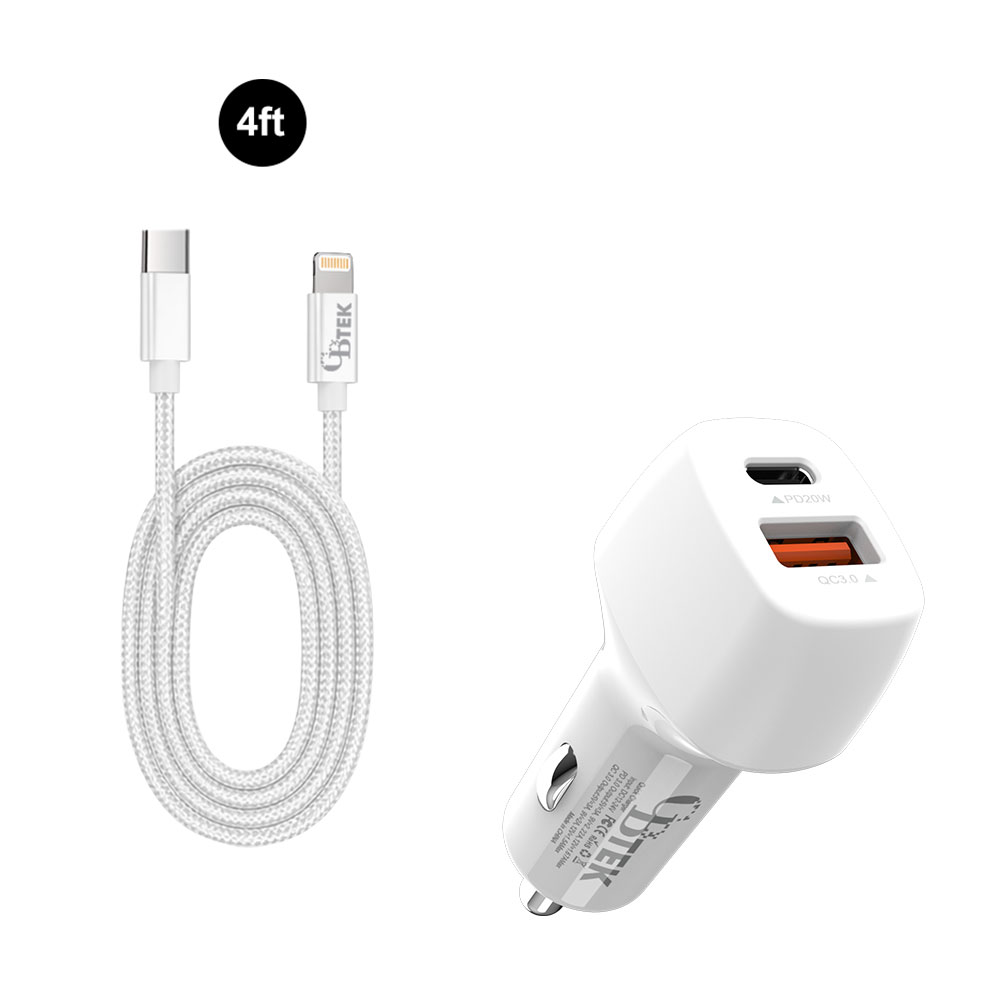 CBTEK MFI Lightning to Type-C & Dual Type-C & USB-A Car Charger-White