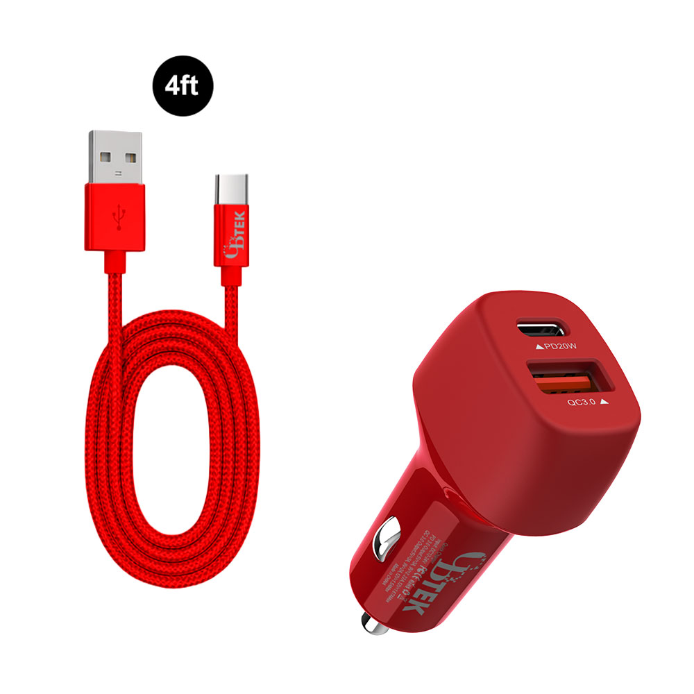 CBTEK Type-C & Dual Type-C & USB-A Car Charger-Red
